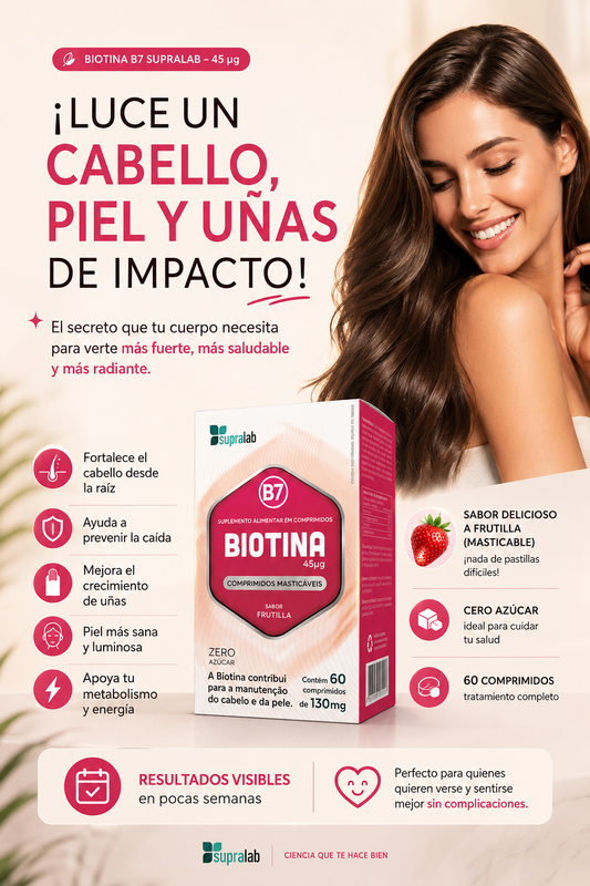 Biotina B7 Supralab: fortalece cabello, piel y uñas con una fórmula masticable de delicioso sabor a frutilla.
