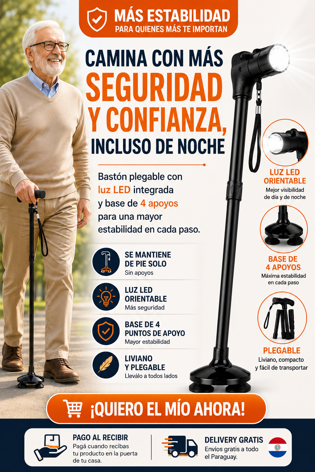 PasoSeguro™ | El bastón plegable con luz LED y base de 4 apoyos que brinda mayor estabilidad, seguridad e independencia en cada paso.
