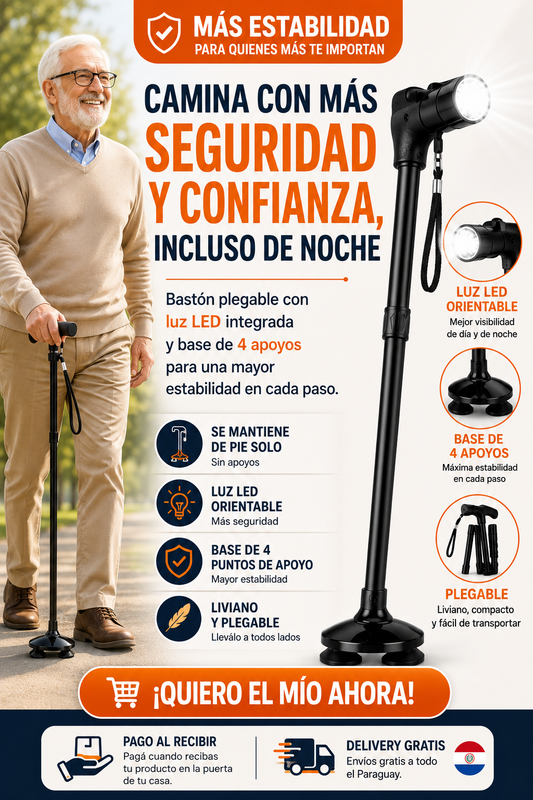 PasoSeguro™ | El bastón plegable con luz LED y base de 4 apoyos que brinda mayor estabilidad, seguridad e independencia en cada paso.