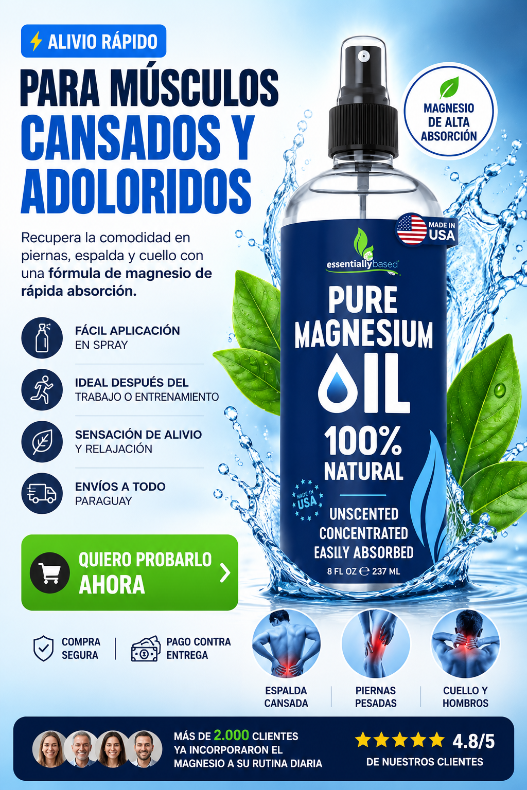 Aceite de magnesio transdérmico — se absorbe directo por la piel y actúa donde más lo necesitás.