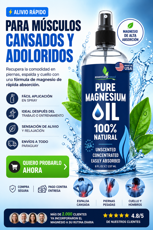 Aceite de magnesio transdérmico — se absorbe directo por la piel y actúa donde más lo necesitás.